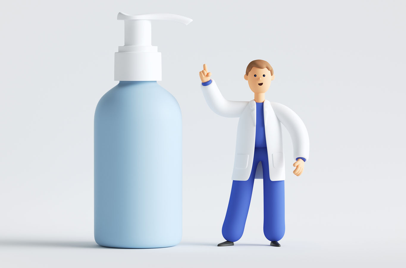 Graphic showing a doctor standing next to a bottle of handwashing liquid