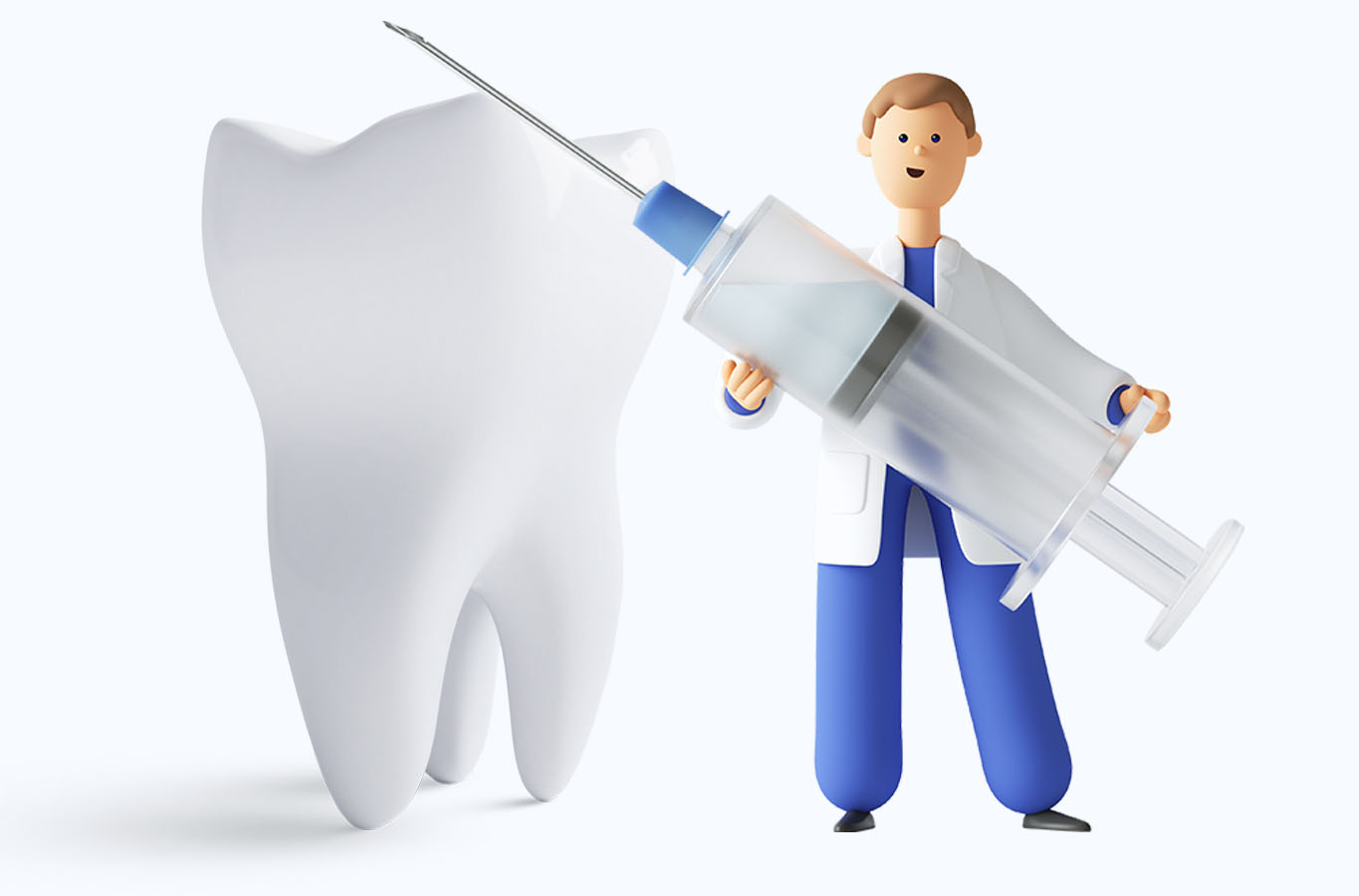 Graphic showing a doctor holding a syringe while standing next to a tooth.