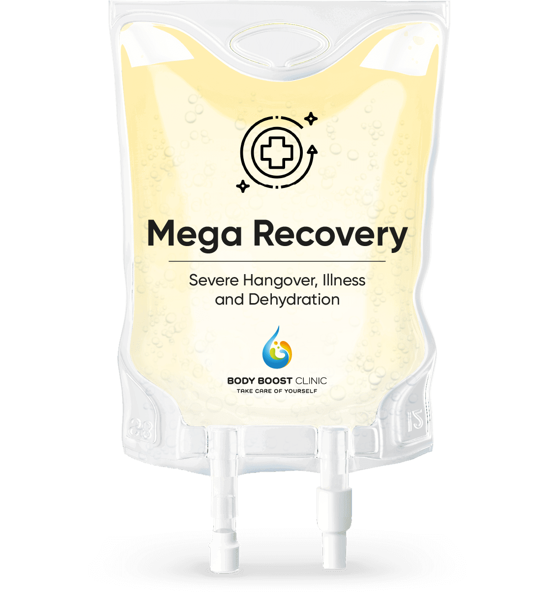 Bag full of liquid used as IV drip. Combat hangover symptoms with a MEGA RECOVERY IV drip - nausea, fatigue, and dehydration relief in Body Boost Clinic Hull.
